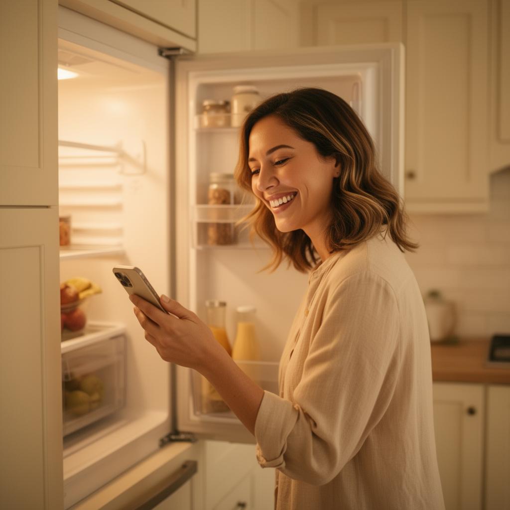 Mom smiling at her open fridge with a phone, planning family dinner
